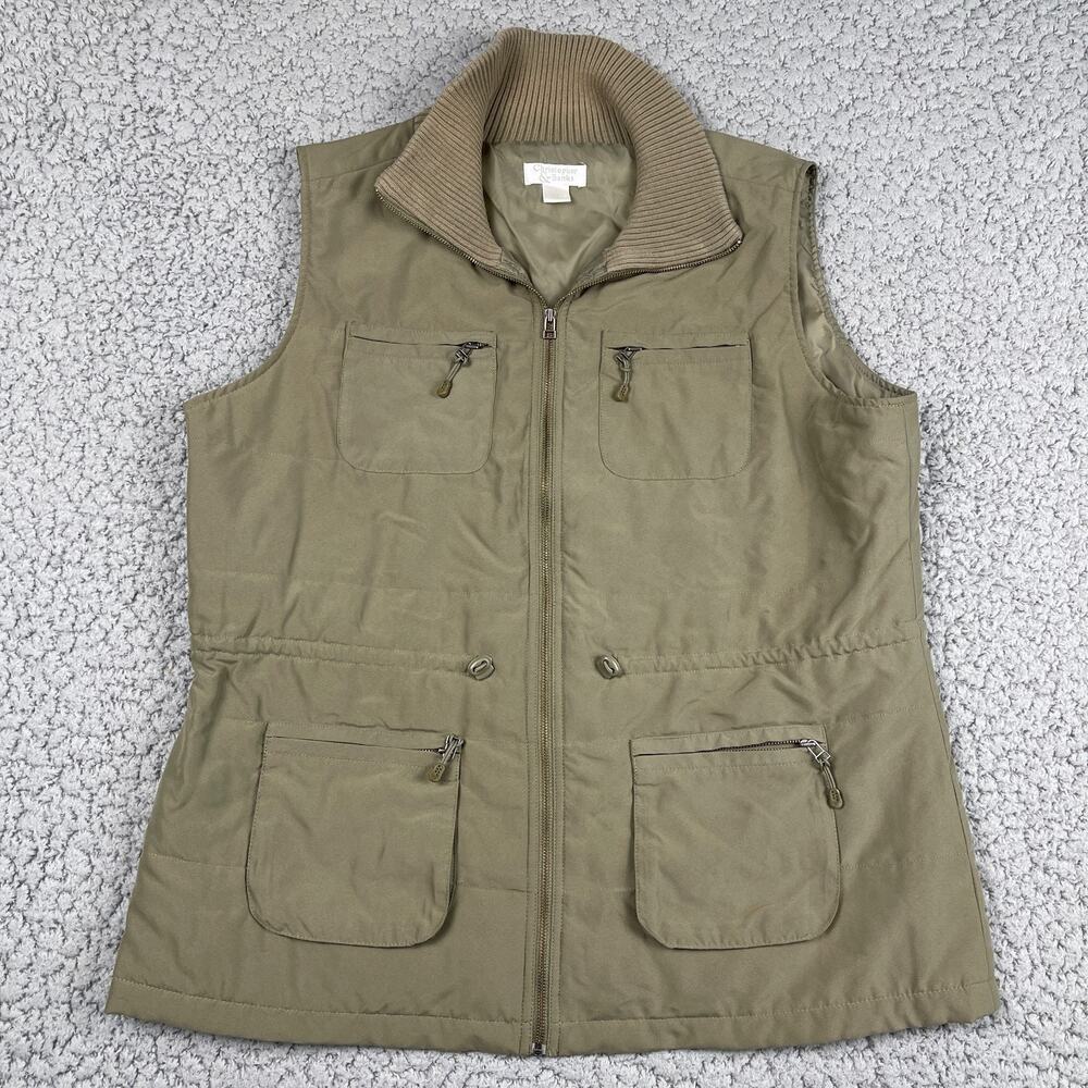 Christopher Banks Cargo Vest Womens Large Olive Green Mock Neck